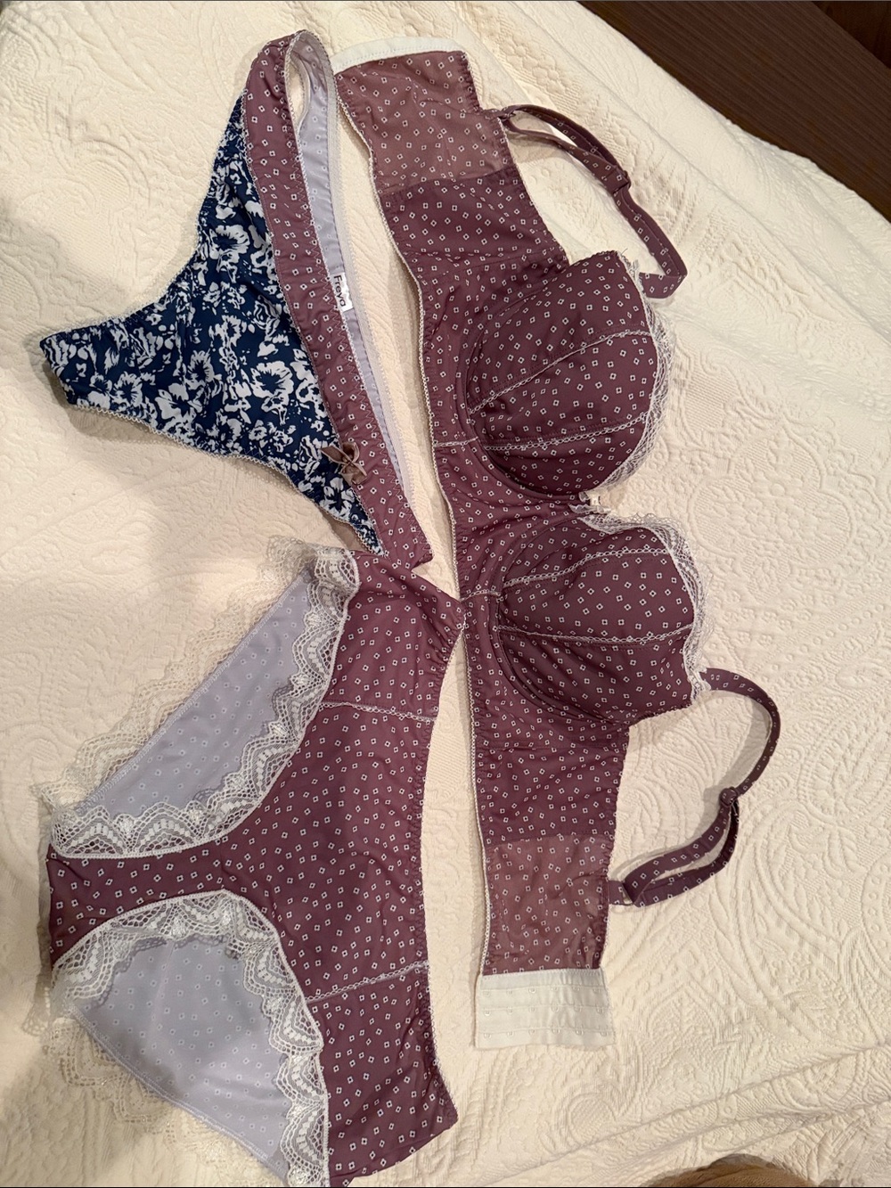Freya Plum Dot Lace Bra & Bikini Set with Navy Floral Thong